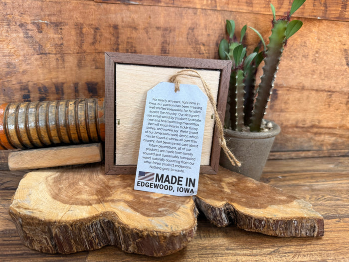 Framed wall art backing with jute rope and text MADE IN EDGEWOOD, IOWA