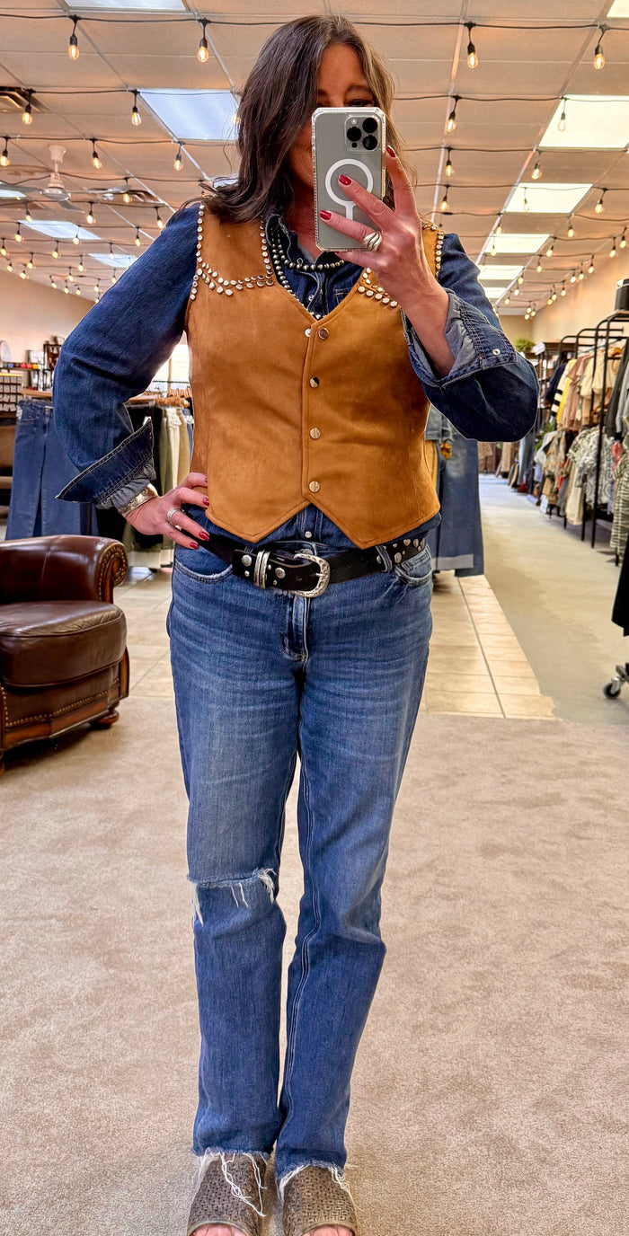Camel-brown studded snap-front vest with V-neck and bead trim, on model