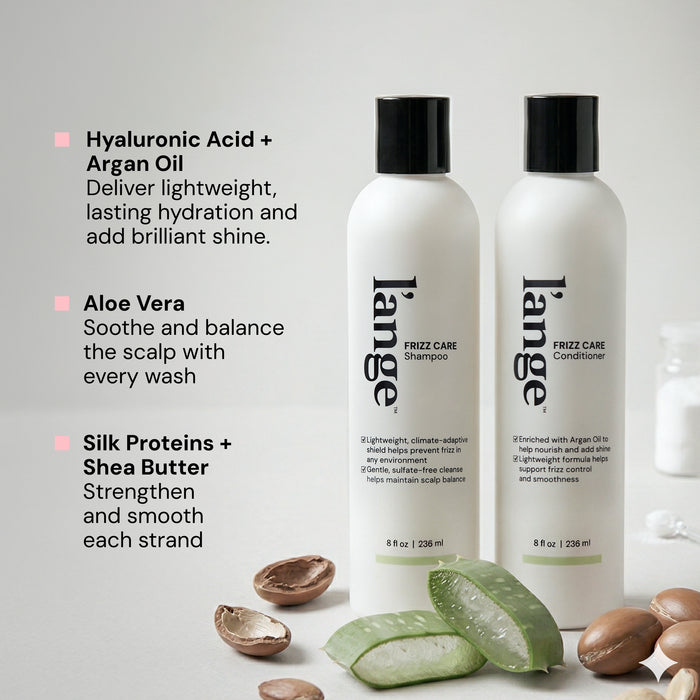 Frizz Care System key ingredients image. Text reads "Hyaluronic Acid + Argan Oil. Deliver lightweight, lasting hydration and add brilliant shine" "Aloe Vera. Soother and balance the scalp with every wash" and "Silk Proteins + Shea Butter. Strengthen and smooth each strand"