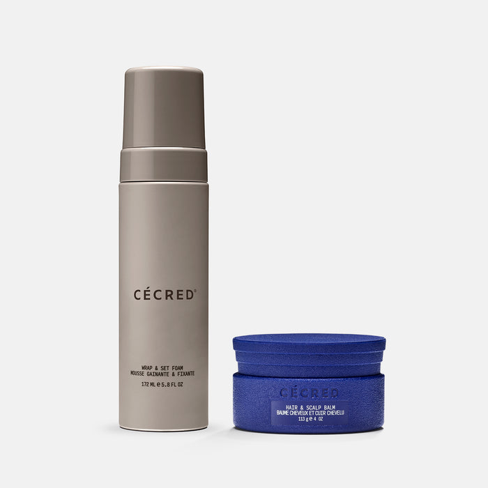 Beige foam dispenser bottle and blue jar with white text labels on white background.
