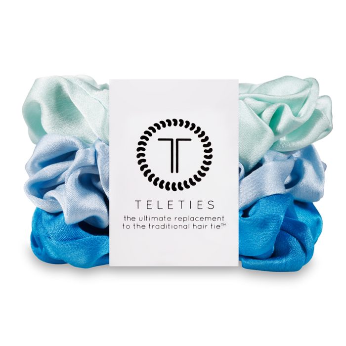 TELETIES Silk Scrunchie, silk scrunchie, Blue My Mind scrunchie, small silk hair tie, silk hair tie for thin hair, hair damage prevention, spiral coil scrunchie, frizz-free hair, silk hair accessory, silk scrunchie for sleeping.