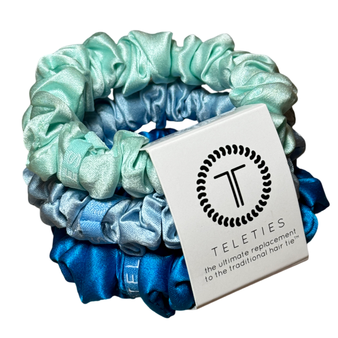 TELETIES Silk Scrunchie, silk scrunchie, Blue My Mind scrunchie, small silk hair tie, silk hair tie for thin hair, hair damage prevention, spiral coil scrunchie, frizz-free hair, silk hair accessory, silk scrunchie for sleeping.