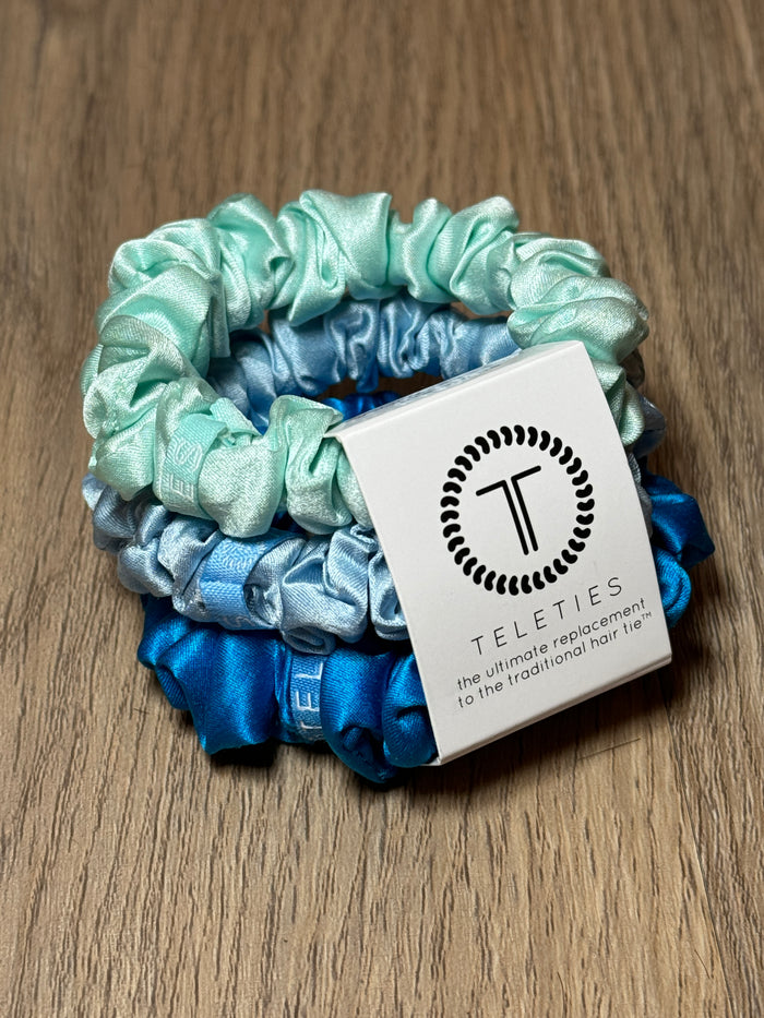 TELETIES Silk Scrunchie, silk scrunchie, Blue My Mind scrunchie, small silk hair tie, silk hair tie for thin hair, hair damage prevention, spiral coil scrunchie, frizz-free hair, silk hair accessory,