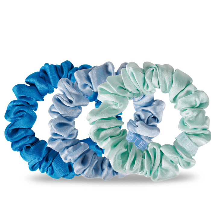 TELETIES Silk Scrunchie, silk scrunchie, Blue My Mind scrunchie, small silk hair tie, silk hair tie for thin hair, hair damage prevention, spiral coil scrunchie, frizz-free hair, silk hair accessory, silk scrunchie for sleeping.
