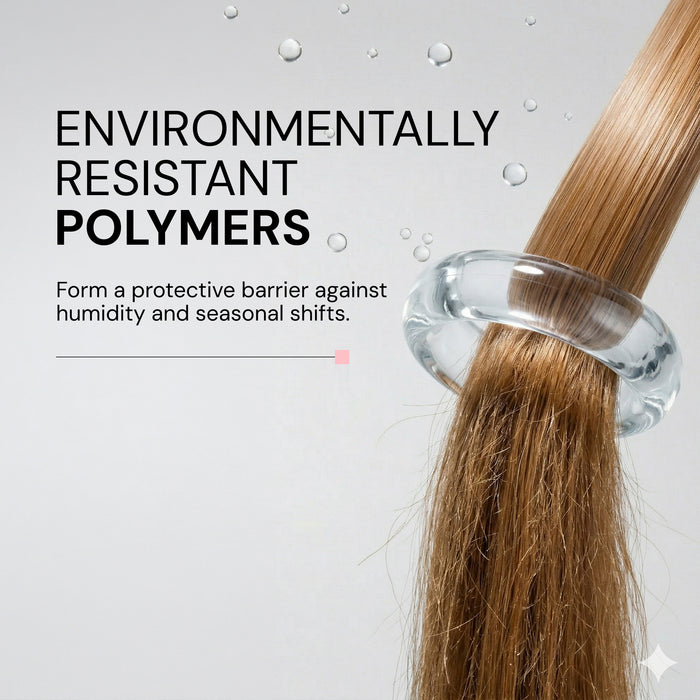 Benefits image. Text reads "ENVIRONMENTALLY RESISTANT POLYERS. Form a protective barrier against humidity and seasonal shifts"