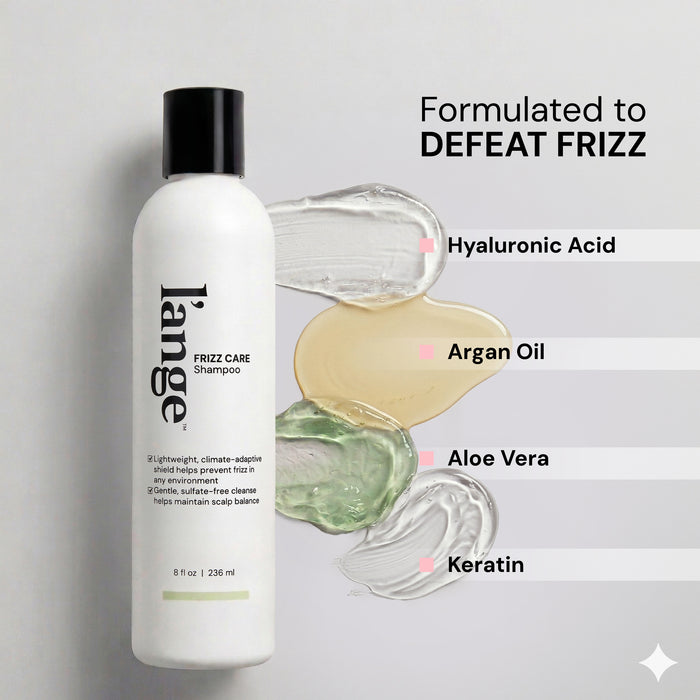 Key Ingredients image. Text reads "Formulated to DEFEAT FRIZZ" list follows "Hyaluronic Acid. Argan Oil. Aloe Vera. Keratin"