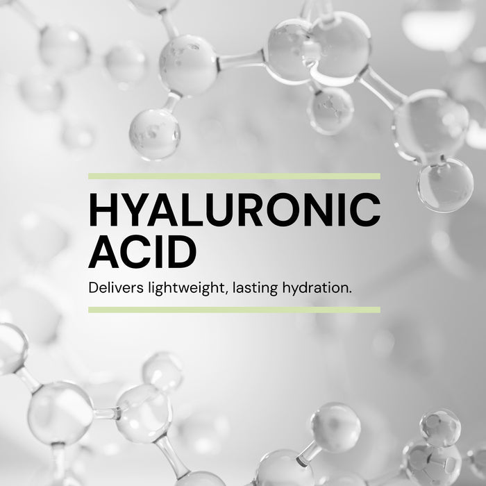 Key ingredient image. Text reads "HYALURONIC ACID. Delivers lightweight, lasting hydration"