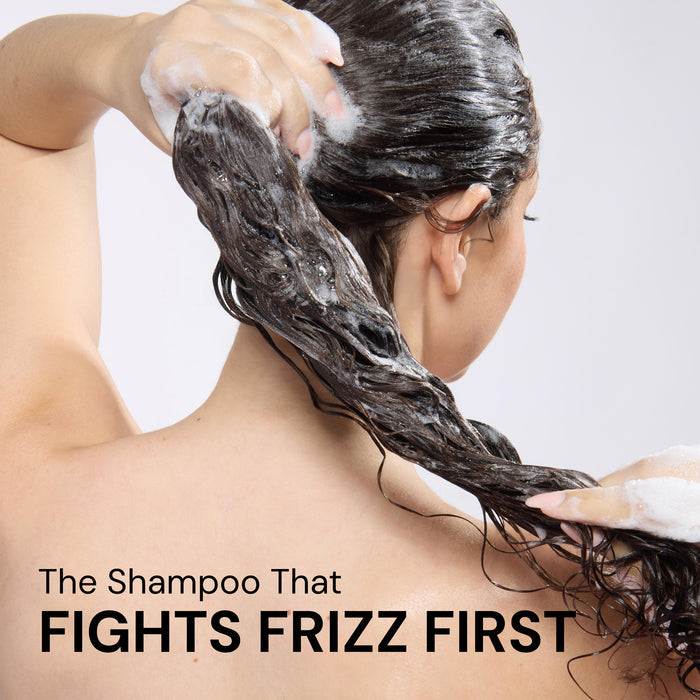 Benefits image. Text reads "The Shampoo That FIGHTS FRIZZ FIRST"